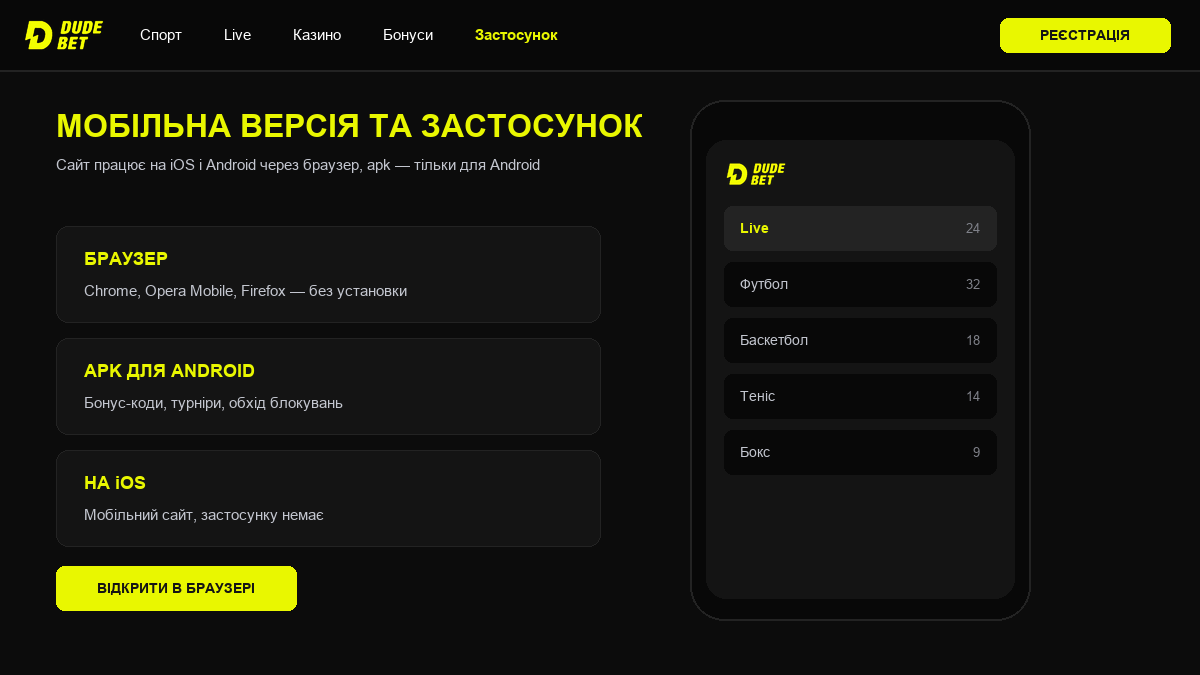 Мобільна версія DudeBet у браузері та застосунок для Android